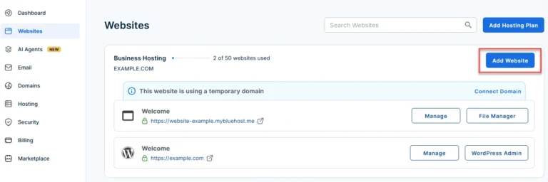 bluehost-portal-websites-tab-website-add-site-best budget web hosting 2026